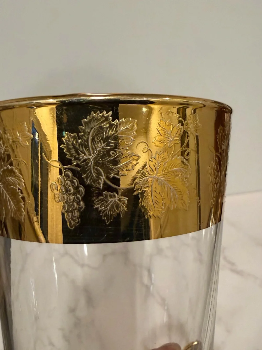 Vintage Gold Rim Etched Grapevine Pilsner Glasses Set of 2 Clear Beer Glasses 8.
